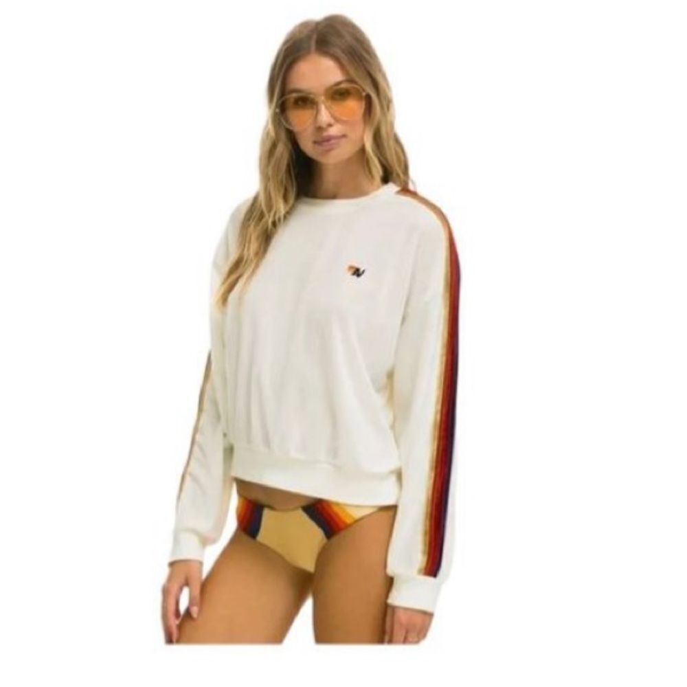 Aviator Nation Sweatshirt Classic Velvet Crew Neck Relaxed White Unisex Size XL
